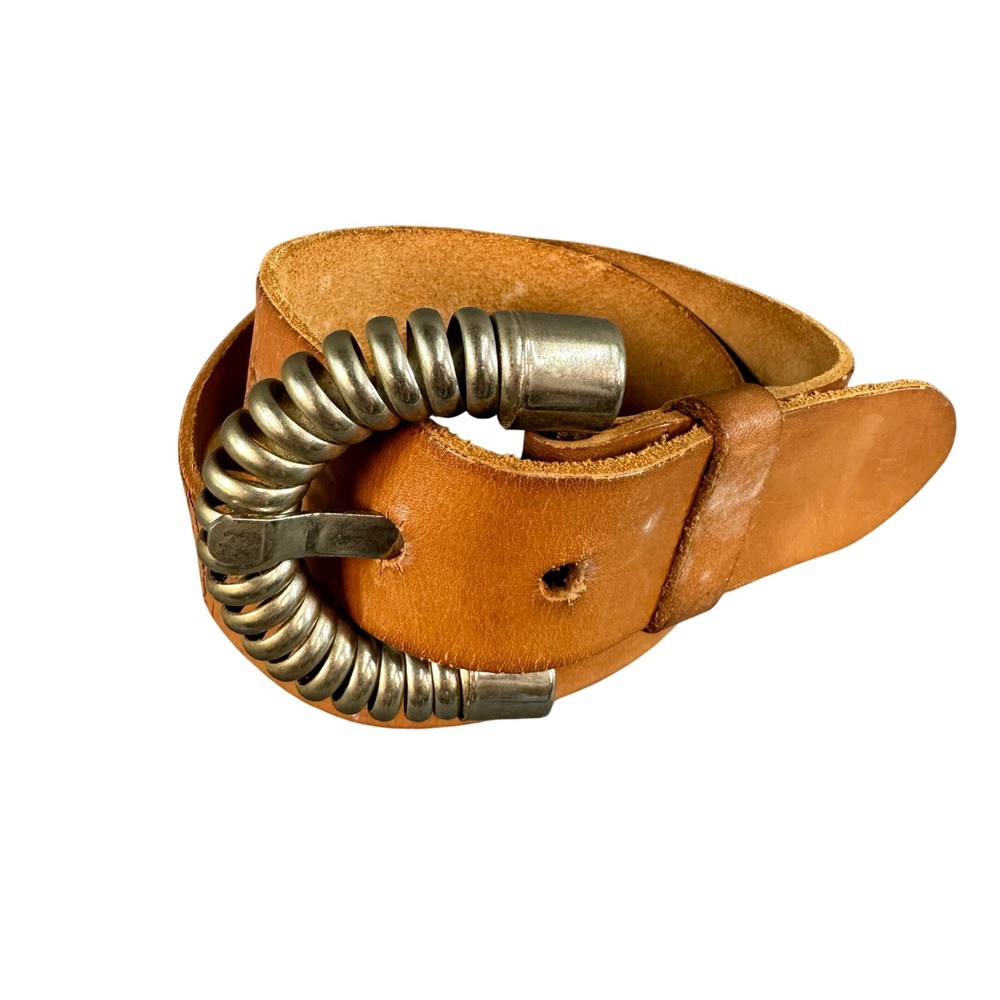 Vintage Tan Leather Belt with Coiled Metal Spring Buckle Industrial Steampunk S